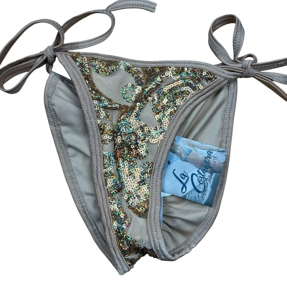 NWT La Costanera Sequin Triangle Bikini Gold Champagne Tie Side